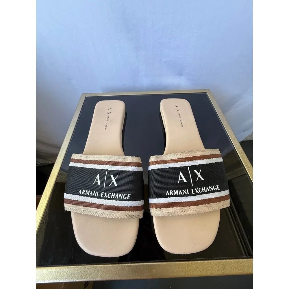 Armani Exchange Womens Logo Stripe Slide Sandals Beige Black Tan XDP045 US 8M‎